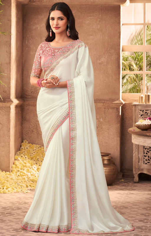 Traditional Designer Party Wear Cream Colour Georgette Saree With Sequance Work Border. Apparel & Accessories Roopkashish 