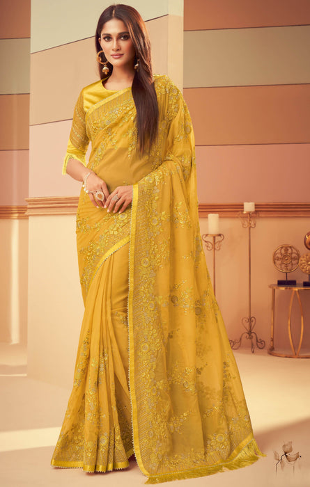 Traditional Designer Party Wear Embroidered Golden Colour Georgette Silk Saree . Apparel & Accessories Roopkashish 