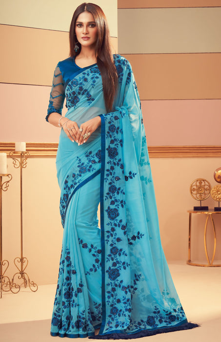 Traditional Designer Party Wear Embroidered Blue Colour Georgette Silk Saree . Apparel & Accessories Roop Kashish 