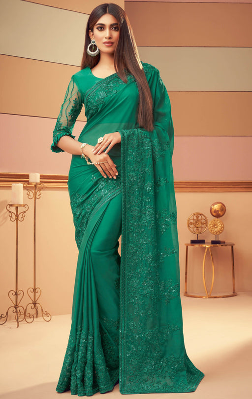 Traditional Designer Party Wear Embroidered Green Colour Georgette Silk Saree . Apparel & Accessories Roopkashish 