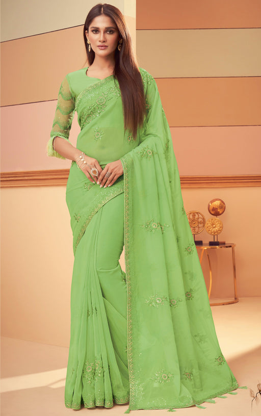Traditional Designer Party Wear Embroidered Green Colour Georgette Silk Saree . Apparel & Accessories Roopkashish 