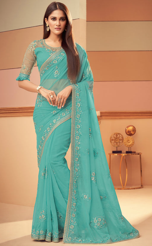 Traditional Designer Party Wear Embroidered Turqious Colour Georgette Silk Saree . Apparel & Accessories Roopkashish 