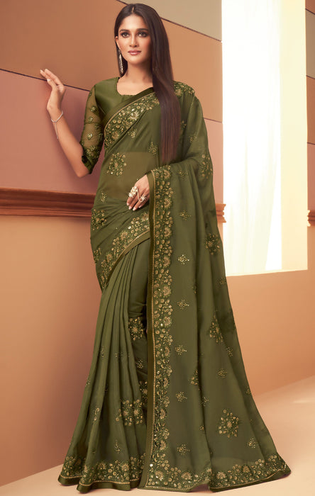 Traditional Designer Party Wear Embroidered Dark Olive Colour Georgette Silk Saree . Apparel & Accessories Roopkashish 