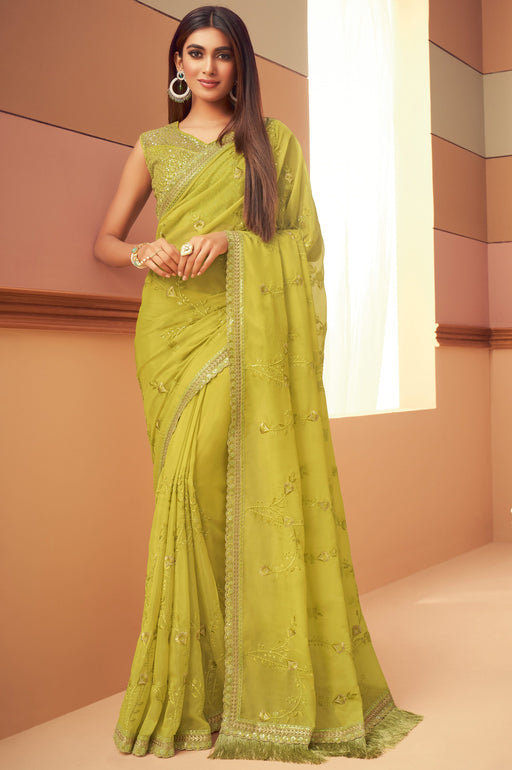 Traditional Designer Party Wear Embroidered Yellow Colour Georgette Silk Saree . Apparel & Accessories Roopkashish 