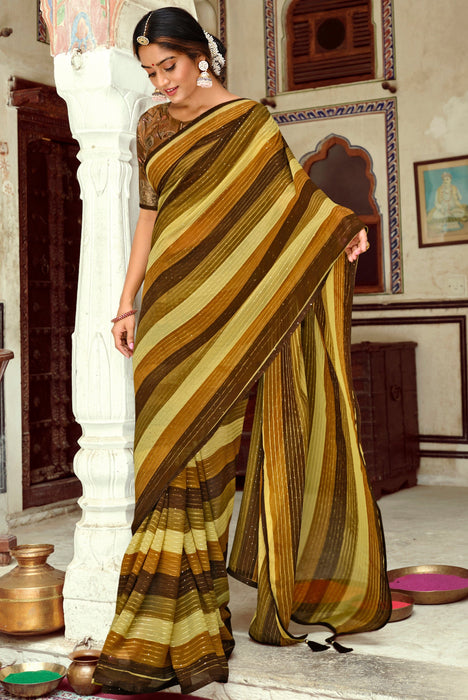 Awesome Party Wear Sequence Work MultiColor Georgette Saree With Border And Digital Brown Green Color Blouse Material. Apparel & Accessories Roopkashish 