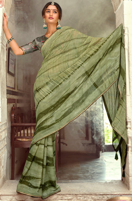 Awesome Party Wear Sea Green Color Sequence Work Georgette Saree With Border And Digital Print Grey Color Blouse Material. Apparel & Accessories Roopkashish 