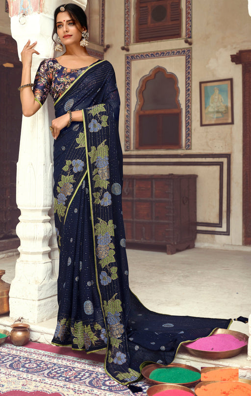 Awesome Party Wear Blue Color Sequence Work Georgette Saree With Border And Digital Print MultiColor Blouse Material. Apparel & Accessories Roopkashish 