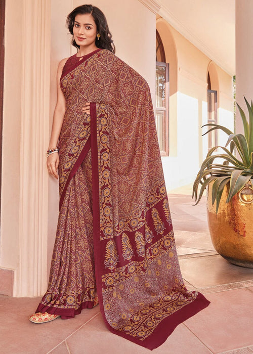 Designer Party Wear Multicolour Crepe Saree with Maroon Crepe Blouse Material Roopkashish 