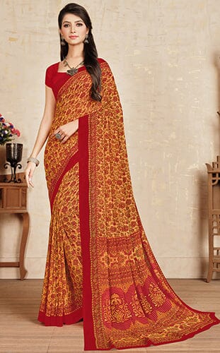 Multi Colour Georgett Saree With Red Colour Blouse Georgett Saree Roopkashish 
