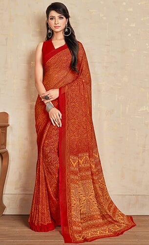 Multi Colour Georgett Saree With Red Colour Blouse Piece Georgett Saree Roopkashish 