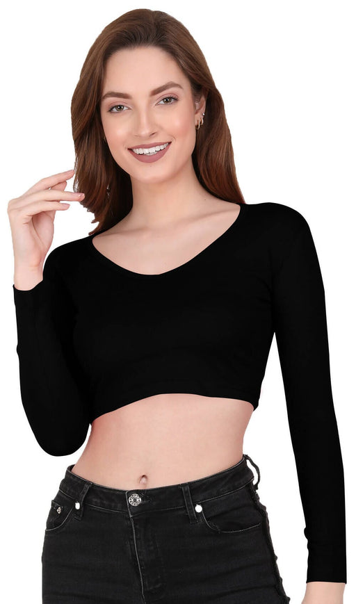 THE BLAZZE 1309 Women's Cotton V-Neck Crop Top Full Sleeve Readymade Saree Blouse Crop Top JOTHI TEXTILES BLACK XS COTTON