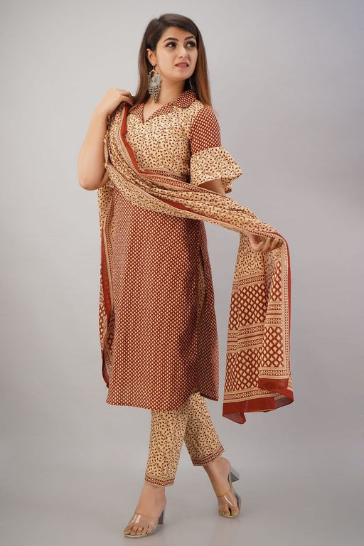 SVARCHI Women's Cotton Cambric Buti Printed Straight Kurta Pants & Dupatta Set (Beige) Women Kurtis VEDIKAS 