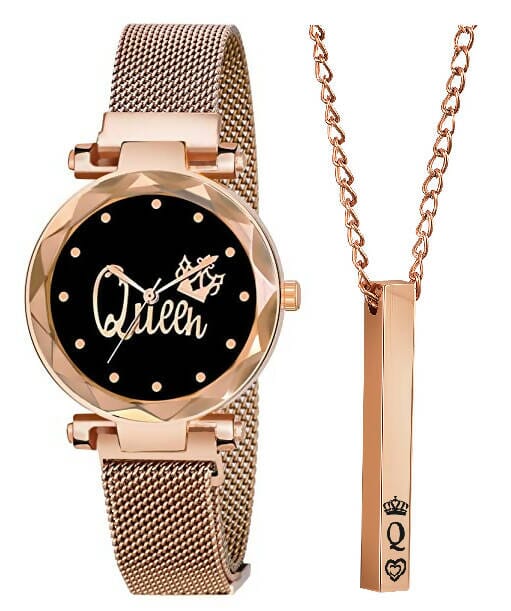 Girls Magnet Strip Queen Dial Analog Watch With Rose Gold Chain Pendant Combo Women Watch Star Enterprise 