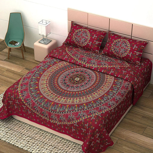 UniqChoice Red Color 100% Cotton Badmeri Printed King Size Bedsheet With 2 Pillow Cover(D-1022NRed) MyUniqchoice 