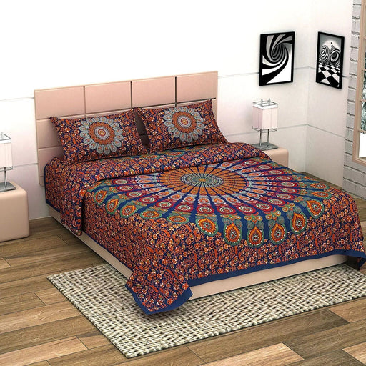 UniqChoice Multi Color 100% Cotton Badmeri Printed King Size Bedsheet With 2 Pillow Cover(D-1007NMulti) MyUniqchoice 