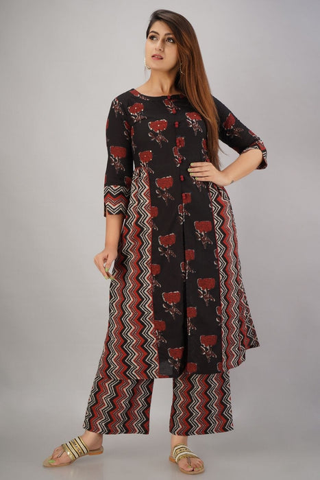 SVARCHI Women's Cotton Cambric Buti Printed Straight Kurta & Palazzo Set (Black & Red) Women Kurtis VEDIKAS 