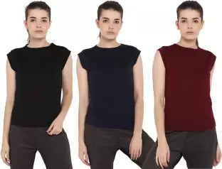 Ap'pulse Solid Women Round Neck Dark Blue, Maroon, Black T-Shirt (Pack of 3) T SHIRT sandeep anand 