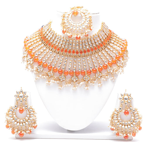 Orange colour bridal kundan necklace set for women Swarajshop 