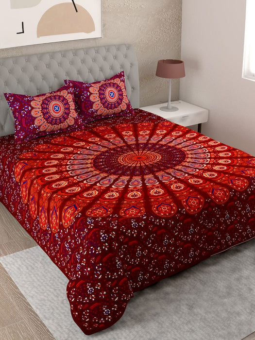 UniqChoice Maroon Color 100% Cotton Badmeri Printed King Size Bedsheet With 2 Pillow Cover(D-1007NMaroon) MyUniqchoice 