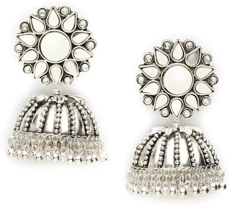 Nityakshi Women's oversized German Silver Statement Mirror Work Jhumka Earring Earrings Nityakshi Creations 