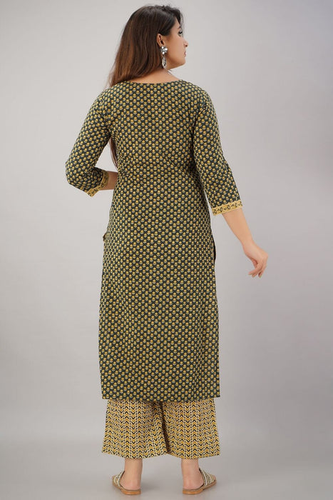 SVARCHI Women's Cotton Cambric Buti Printed Straight Kurta & Palazzo Set (Green) Women Kurtis VEDIKAS 