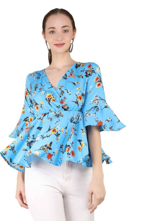 Charvi Trendy Blue Colour Wrap Top with Bell Sleeves Cony International 
