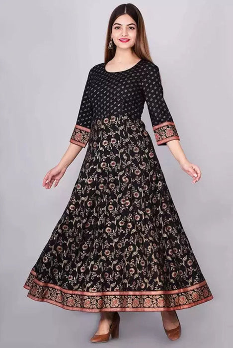 Women Printed Viscose Rayon Anarkali Kurta (Black) Gown Komal fashion XL 