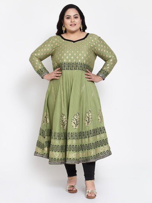 FAZZN Plus Size Rayon Green Colour Anarkali Kurti Dresses Fazzn 