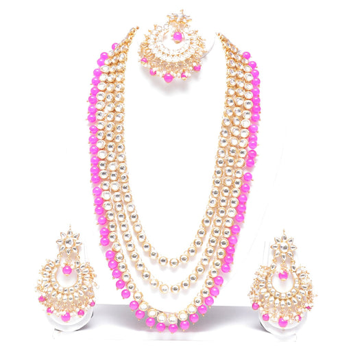 Magenta colour long kundan necklace jewellery set for women Swarajshop 