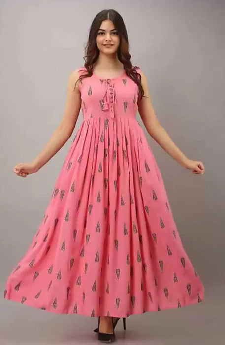 Printed Rayon Blend Stitched Flared/A-line Gown (Pink) Gown Komal fashion 