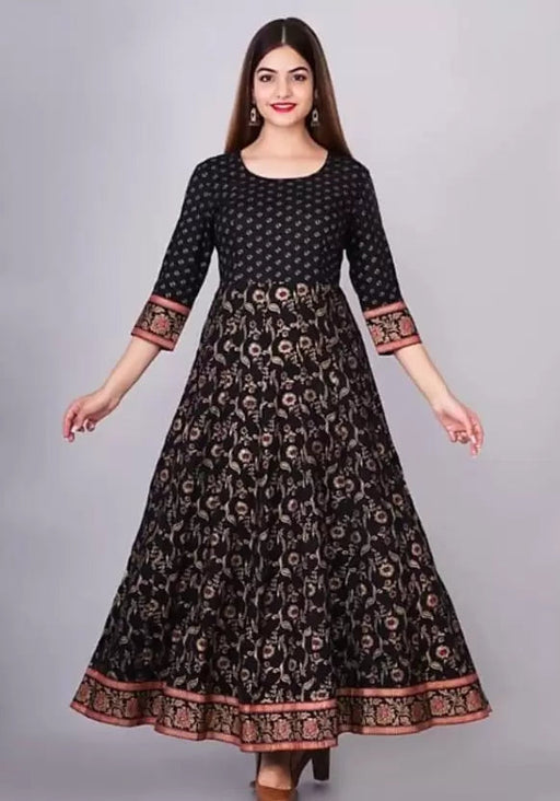 Women Printed Viscose Rayon Anarkali Kurta (Black) Gown Komal fashion M 