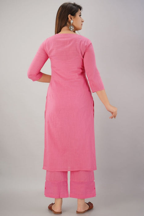 SVARCHI Women's Cotton Slub Embroidered Straight Kurta Palazzo & Dupatta Set (Pink) Women Kurtis VEDIKAS 
