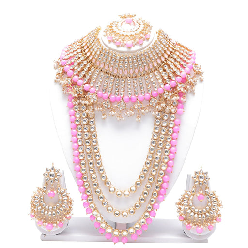 Pink colour bridal kundan necklace jewellery set for women Swarajshop 