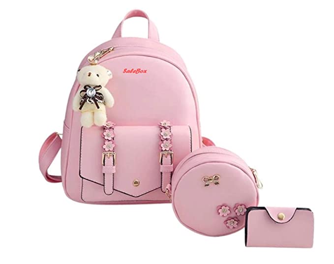 SaleBox® Fashion Girls 3-PCS Fashion Cute Stylish Leather Backpack & Pouch Set for Women School & College Girls bag Salebox 