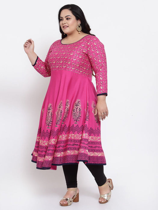 FAZZN Plus Size Rayon Pink Colour Anarkali Kurti Dresses Fazzn 