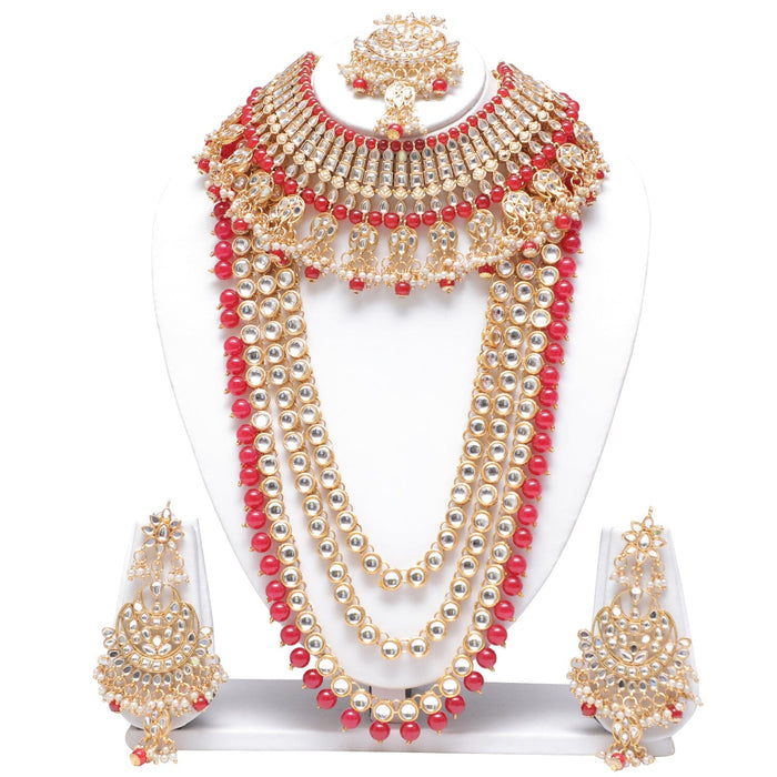 Red colour bridal kundan necklace jewellery set for women Swarajshop 