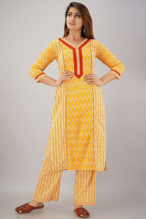 SVARCHI Women's Cotton Cambric Buti Printed Straight Kurta & Palazzo Set (Yellow) Women Kurtis VEDIKAS 
