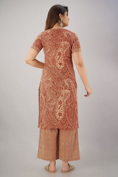 SVARCHI Women's Cotton Cambric Paisley Printed Straight Kurta & Palazzo Set (Beige & Rust) Women Kurtis VEDIKAS 