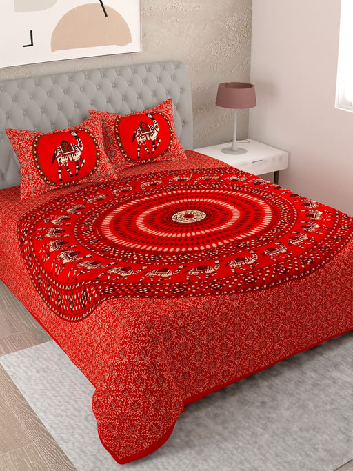 UniqChoice Red Color 100% Cotton Badmeri Printed King Size Bedsheet With 2 Pillow Cover(D-2008NRed) My Uniqchoice 