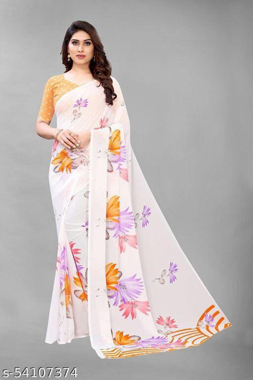 SVB Saree White And Orange Colour Georgette Printed Saree Saree SVB Sarees 
