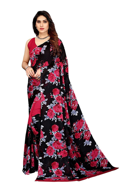SVB Saree Black Colour Georgette Floral Printed Saree Saree SVB Sarees 