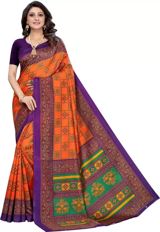 SVB Saree Orange Colour Checks Printed Art Silk Saree Saree SVB Sarees 