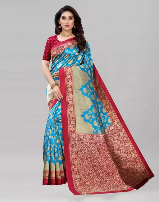 SVB Saree Light Blue And Red Art Silk Printed Saree Saree SVB Sarees 