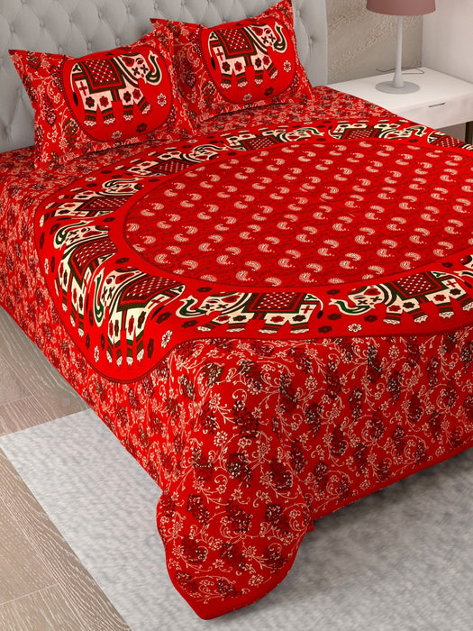 UniqChoice Red Color 100% Cotton Badmeri Printed King Size Bedsheet With 2 Pillow Cover(D-2009NRed) My Uniqchoice 