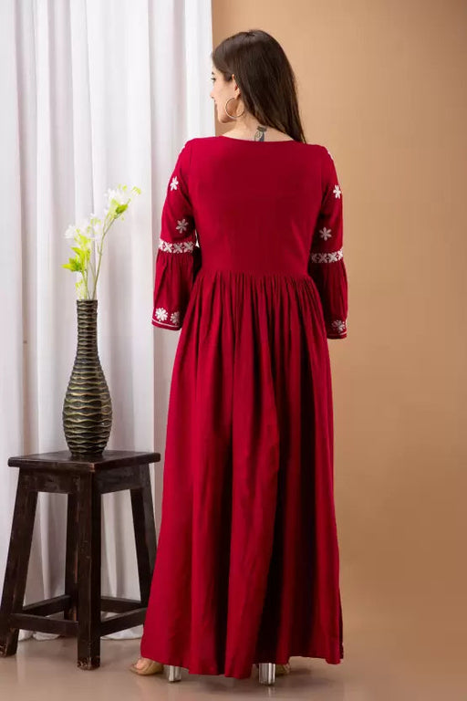 ILYANA Women Embroidered Viscose Rayon Flared Red Kurta Apparel & Accessories ILYANA 