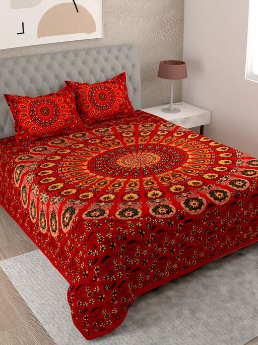 UniqChoice Red Color 100% Cotton Badmeri Printed King Size Bedsheet With 2 Pillow Cover(D-1007NRed) MyUniqchoice 